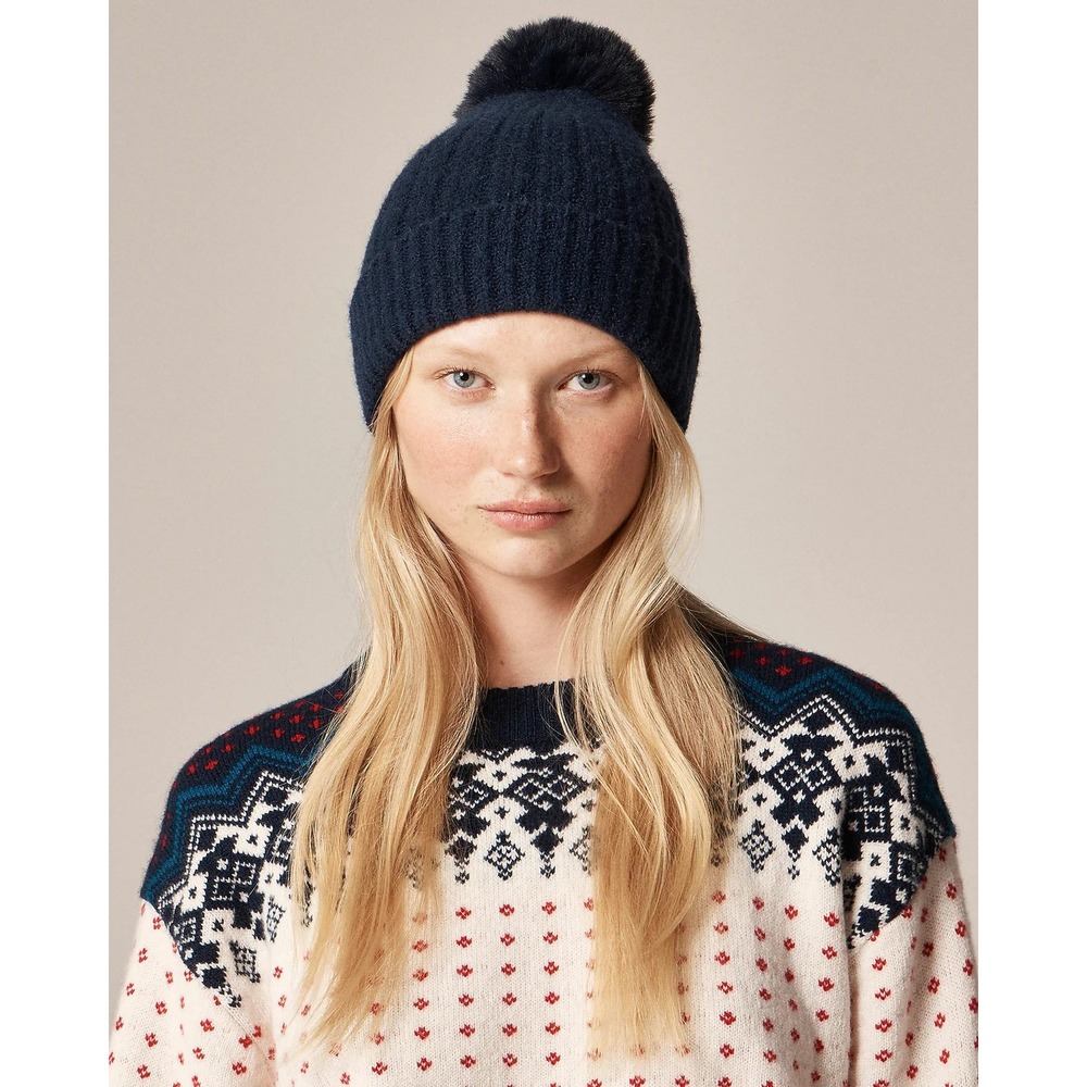 J.Crew Women's Ribbed Pom Pom Beanie Navy Supersoft Wool Alpaca Blend Winter Hat